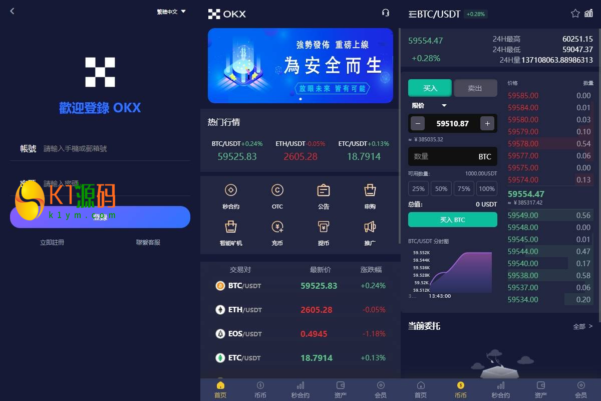 多语言仿OKX交易所/DAPP秒合约交易所/质押申购-K1源码网